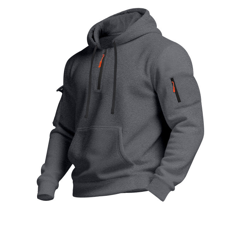 Men's Casual Pullover Sweatshirt with Multiple Zipper Arm Pockets for Autumn and Winter, Large Size, Fleece-Lined Hoodie for Men