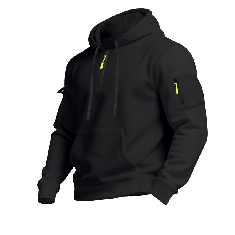 Men's Casual Pullover Sweatshirt with Multiple Zipper Arm Pockets for Autumn and Winter, Large Size, Fleece-Lined Hoodie for Men