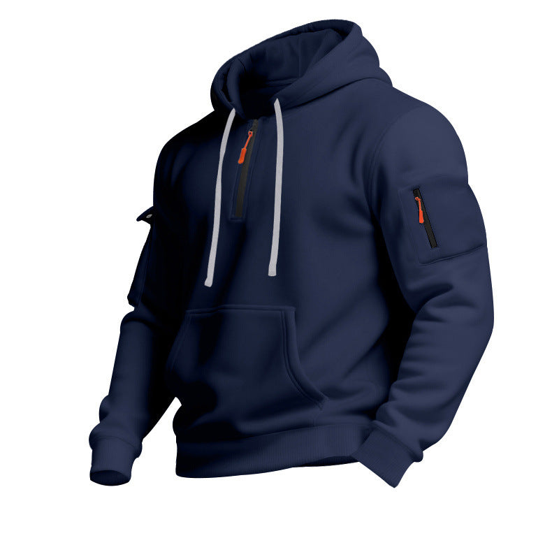 Men's Casual Pullover Sweatshirt with Multiple Zipper Arm Pockets for Autumn and Winter, Large Size, Fleece-Lined Hoodie for Men