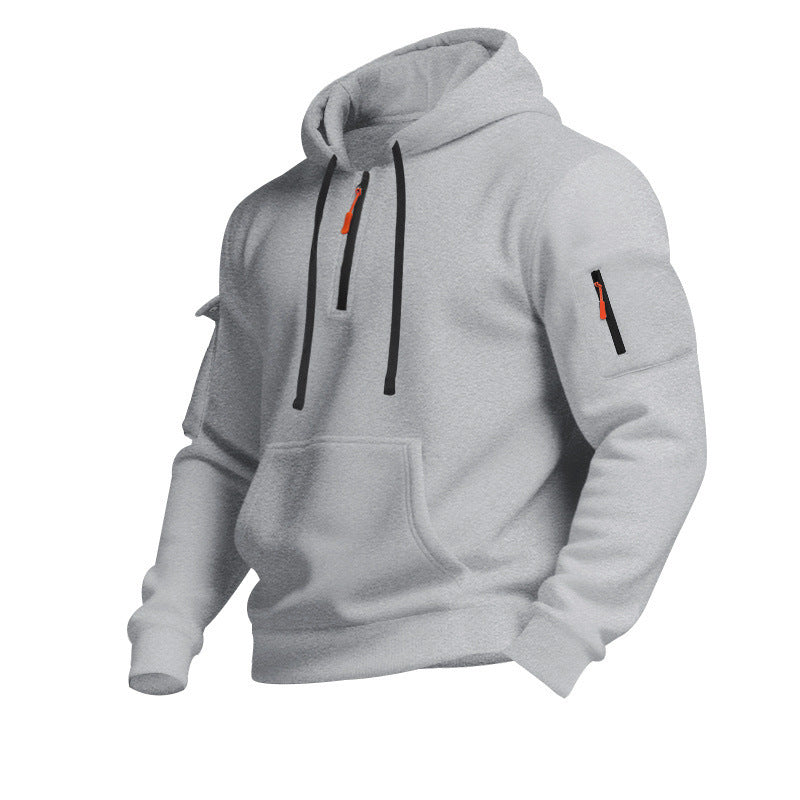 Men's Casual Pullover Sweatshirt with Multiple Zipper Arm Pockets for Autumn and Winter, Large Size, Fleece-Lined Hoodie for Men