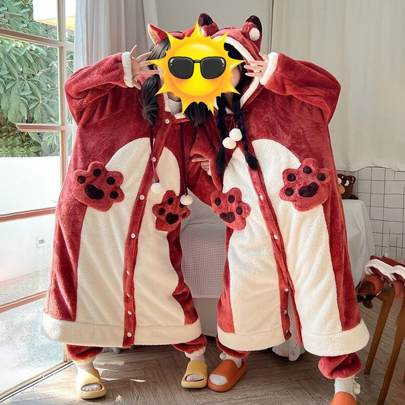 New Fox Pajamas for Women Winter Coral Velvet Thickeneded Velvet Winter Pajamas Long Flannel Bathrobe Home Clothes