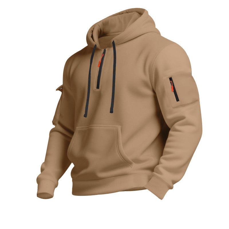 Men's Casual Pullover Sweatshirt with Multiple Zipper Arm Pockets for Autumn and Winter, Large Size, Fleece-Lined Hoodie for Men