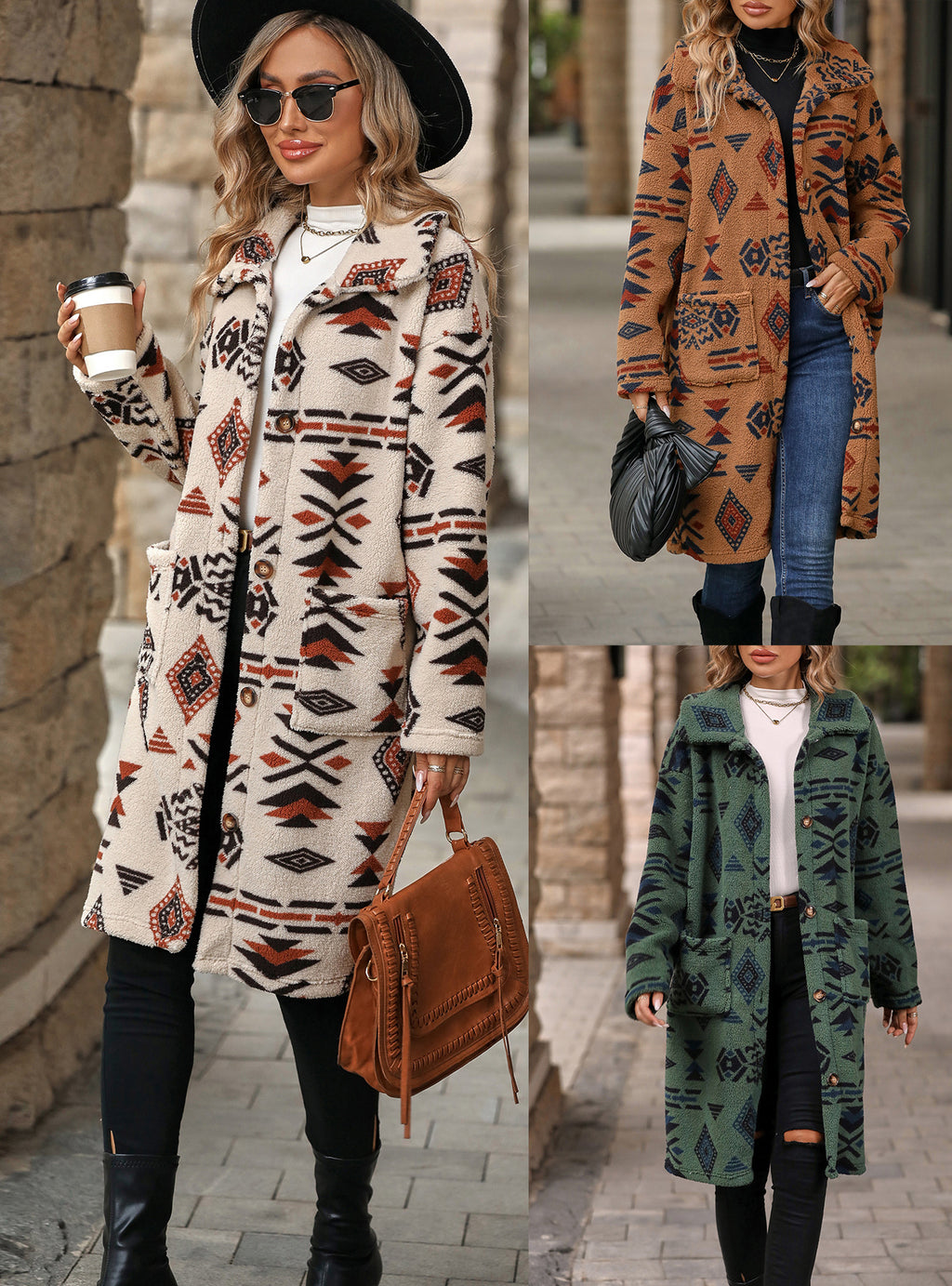 Flash velvet 2023 cross-border autumn and winter new European and American women's single-breasted ethnic style printed plush long coat coat