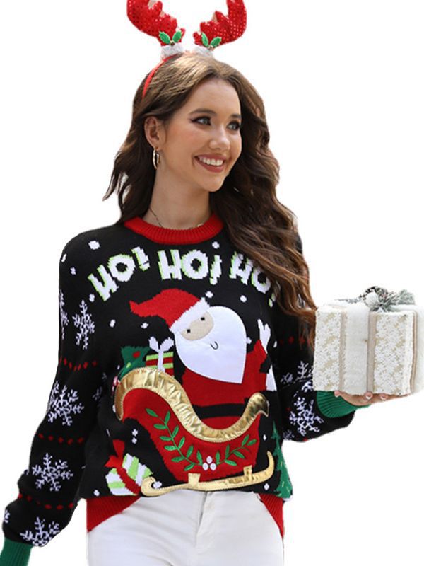Santa Claus Embroidered Christmas Sweater — Women's Pullover