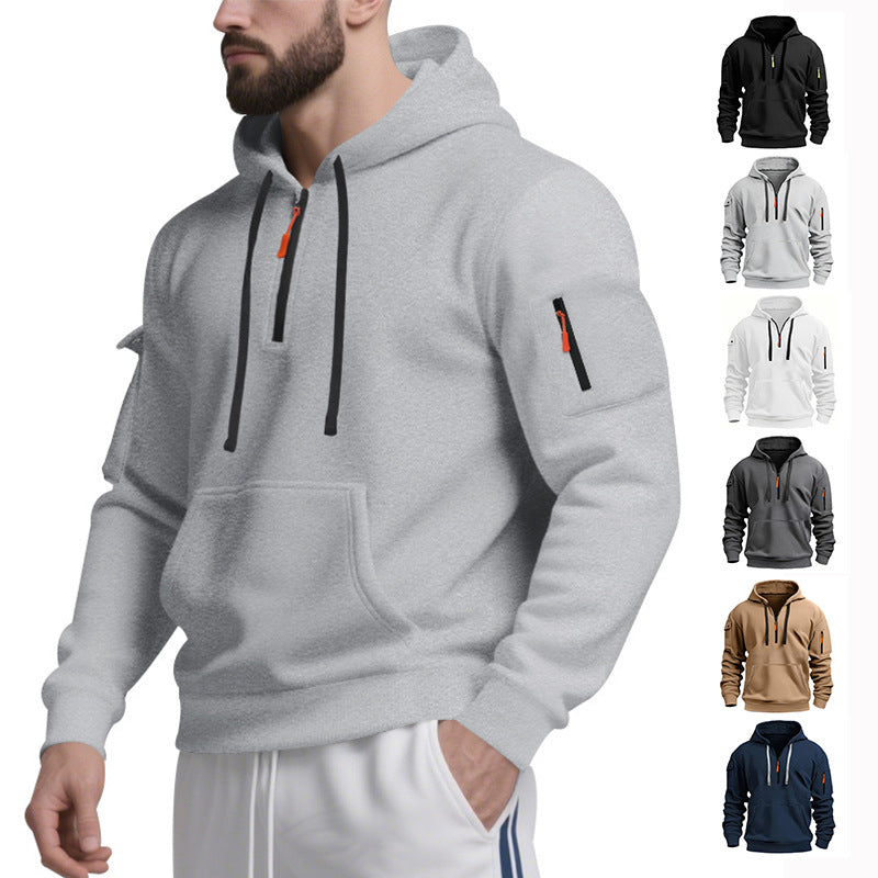 Men's Casual Pullover Sweatshirt with Multiple Zipper Arm Pockets for Autumn and Winter, Large Size, Fleece-Lined Hoodie for Men