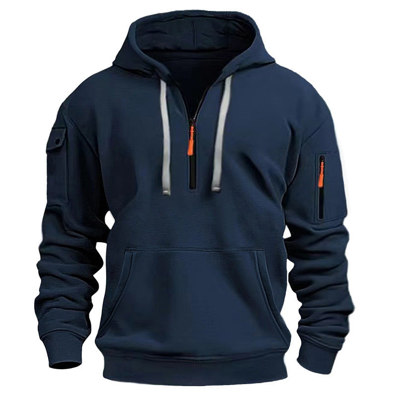 Men's Casual Pullover Sweatshirt with Multiple Zipper Arm Pockets for Autumn and Winter, Large Size, Fleece-Lined Hoodie for Men