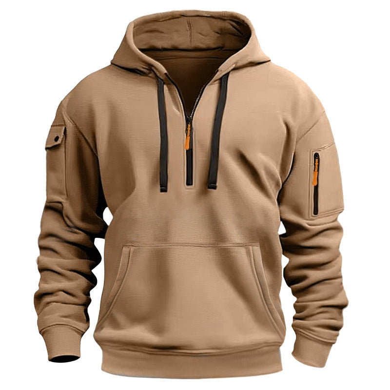 Men's Casual Pullover Sweatshirt with Multiple Zipper Arm Pockets for Autumn and Winter, Large Size, Fleece-Lined Hoodie for Men