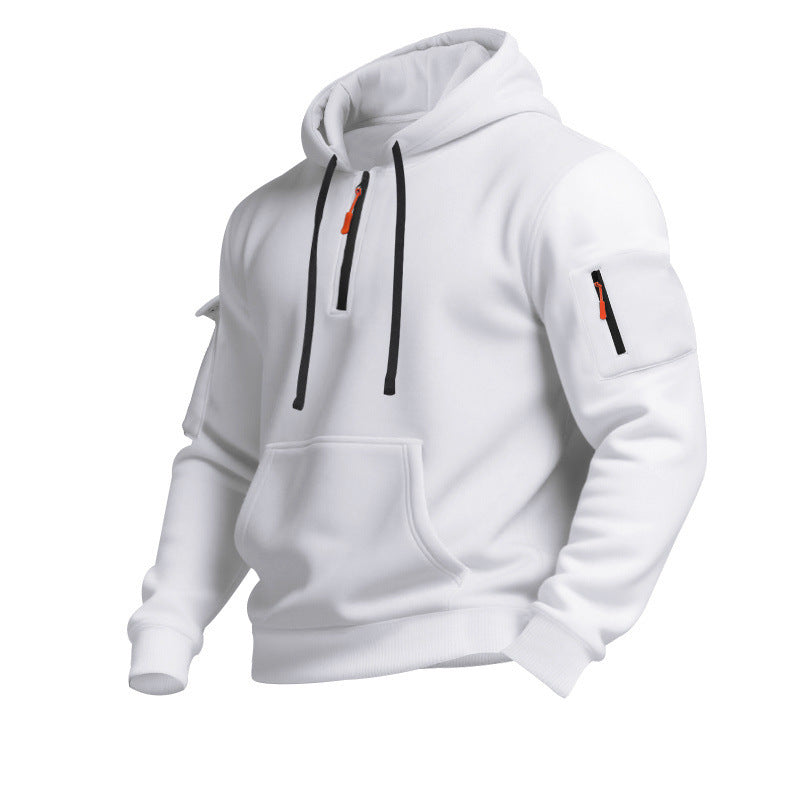 Men's Casual Pullover Sweatshirt with Multiple Zipper Arm Pockets for Autumn and Winter, Large Size, Fleece-Lined Hoodie for Men