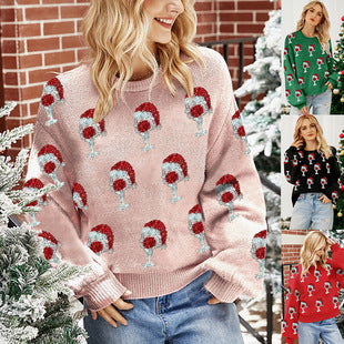 Santa Claus Embroidered Christmas Sweater — Women's Pullover