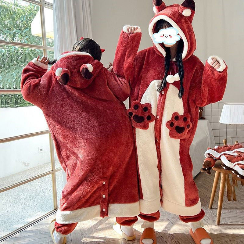 New Fox Pajamas for Women Winter Coral Velvet Thickeneded Velvet Winter Pajamas Long Flannel Bathrobe Home Clothes