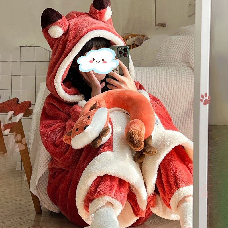 New Fox Pajamas for Women Winter Coral Velvet Thickeneded Velvet Winter Pajamas Long Flannel Bathrobe Home Clothes