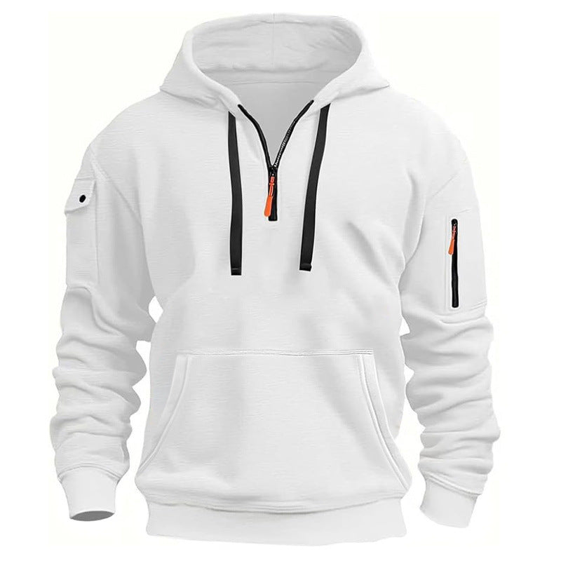 Men's Casual Pullover Sweatshirt with Multiple Zipper Arm Pockets for Autumn and Winter, Large Size, Fleece-Lined Hoodie for Men