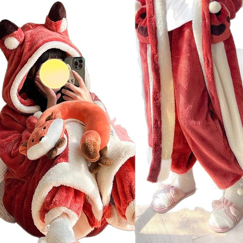 New Fox Pajamas for Women Winter Coral Velvet Thickeneded Velvet Winter Pajamas Long Flannel Bathrobe Home Clothes