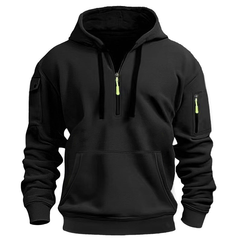 Men's Casual Pullover Sweatshirt with Multiple Zipper Arm Pockets for Autumn and Winter, Large Size, Fleece-Lined Hoodie for Men